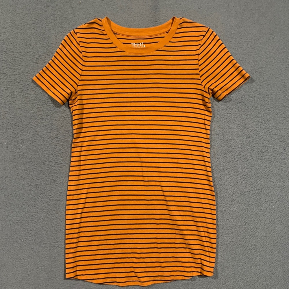 Time and Tru Maternity Shirt Women S Orange Navy Striped Short Sleeve Crew Neck